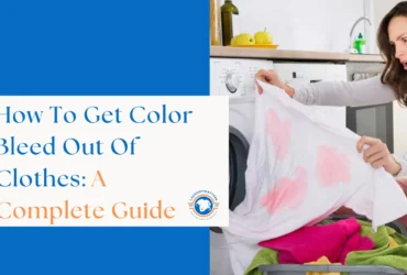 Woman looking with concern at a white shirt stained pink from color bleed, next to text about how to remove color bleed from clothes.