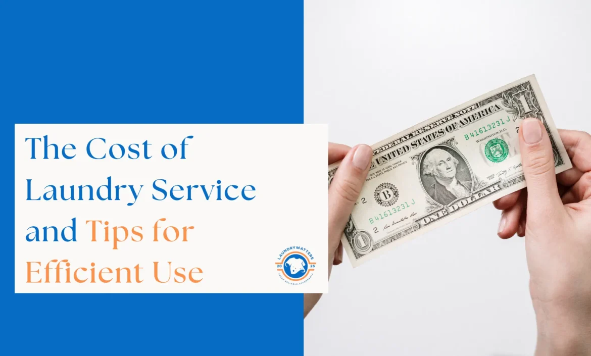 Hands holding a one-dollar bill next to text reading 'The Cost of Laundry Service and Tips for Efficient Use'.