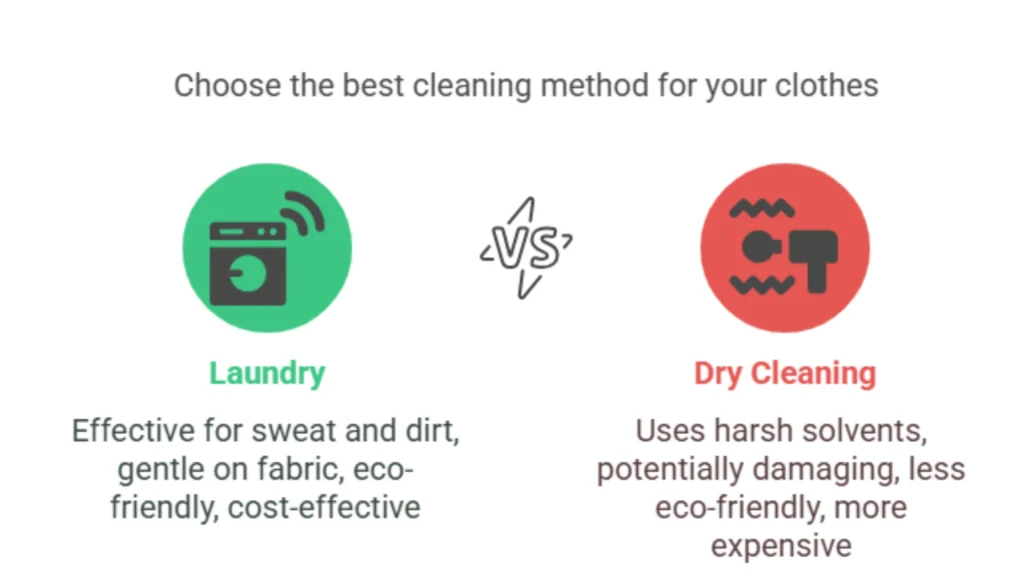 Choosing the best cleaning method: Laundry (effective for sweat/dirt, gentle, eco-friendly, cost-effective) versus Dry Cleaning.